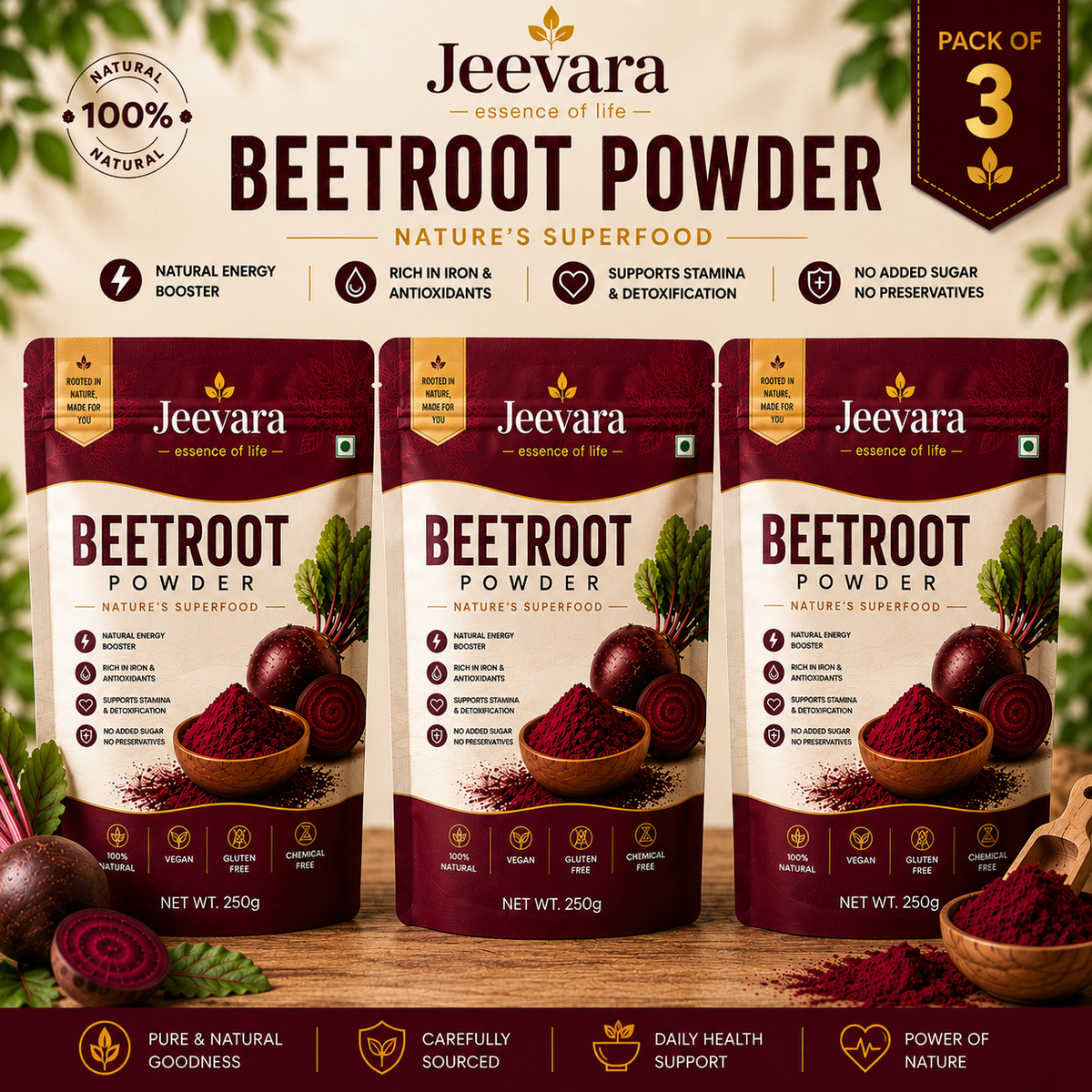Jeevara Beetroot Powder 250g | Pure Beetroot Root Powder | Pack of 2 & Pack of 3