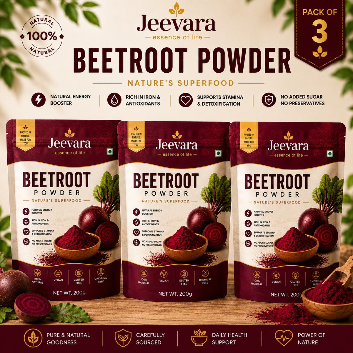 Jeevara Beetroot Powder 200g | Pure & Natural Beetroot Powder | Pack of 2 / Pack of 3