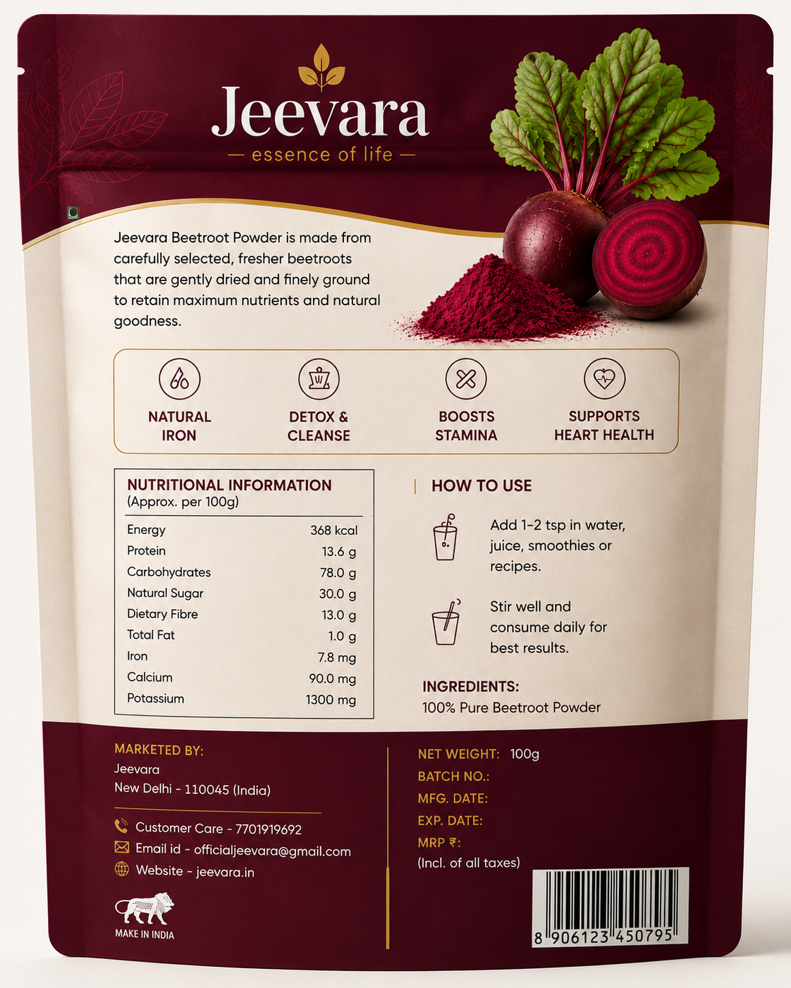 Jeevara Beetroot Powder 100g | 100% Natural Beetroot Powder | Pack of 2 & Pack of 3