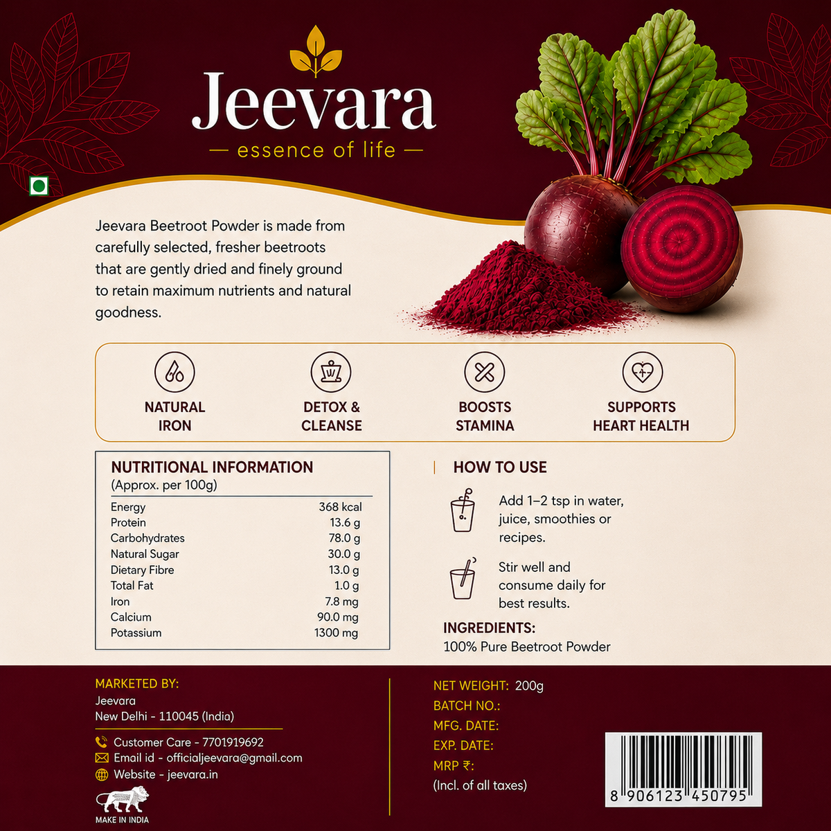 Jeevara Beetroot Powder 200g | Pure & Natural Beetroot Powder | Pack of 2 / Pack of 3