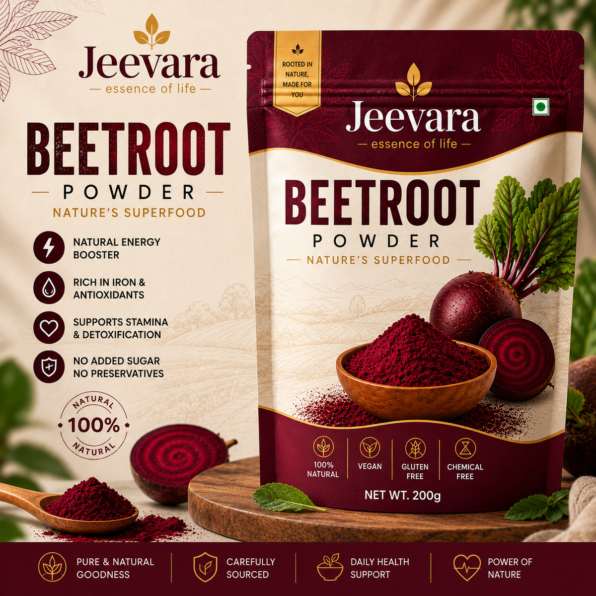 Jeevara Beetroot Powder 200g | Pure & Natural Beetroot Powder | Pack of 2 / Pack of 3
