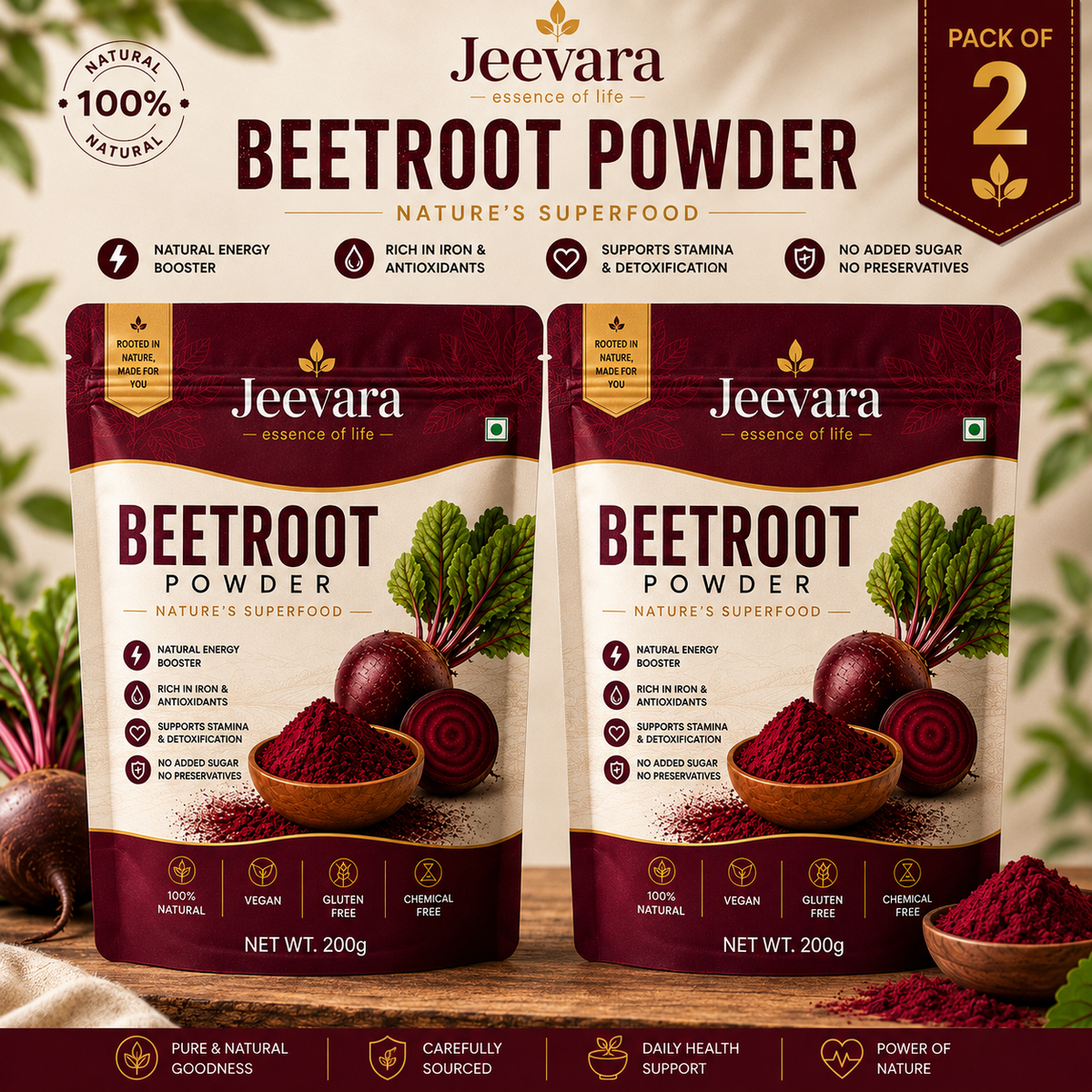 Jeevara Beetroot Powder 200g | Pure & Natural Beetroot Powder | Pack of 2 / Pack of 3