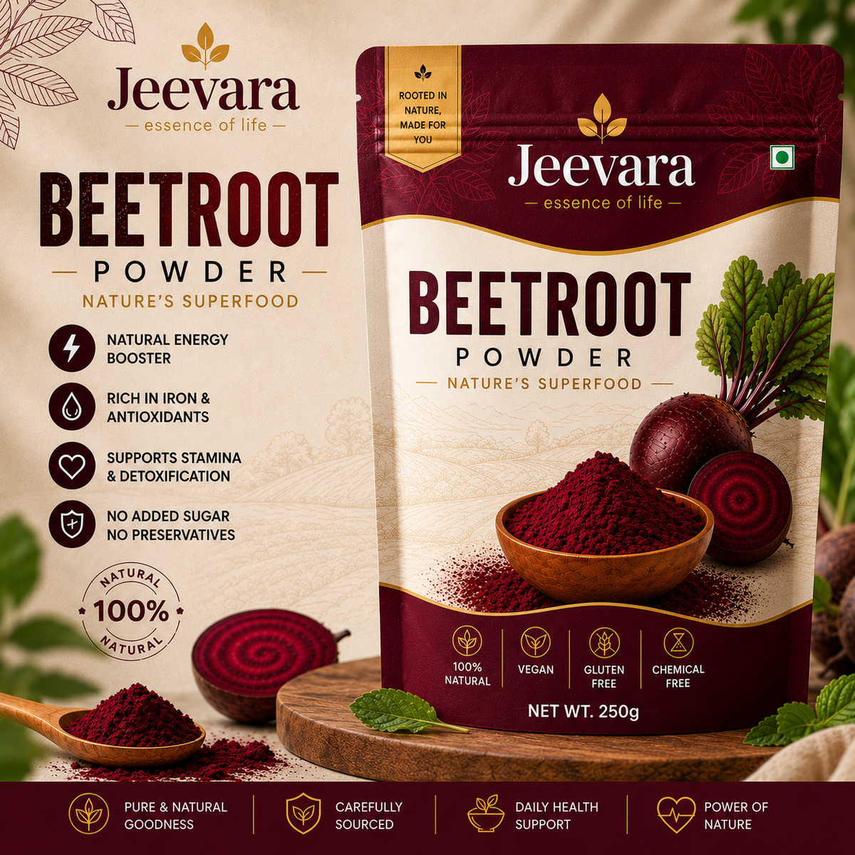 Jeevara Beetroot Powder 250g | Pure Beetroot Root Powder | Pack of 2 & Pack of 3