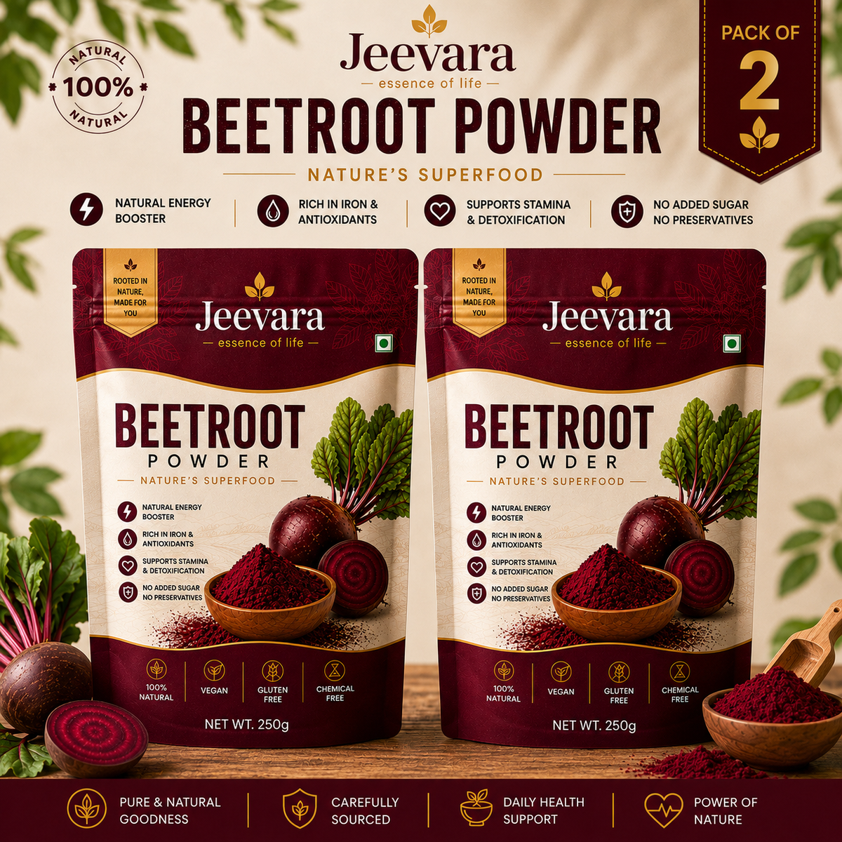 Jeevara Beetroot Powder 250g | Pure Beetroot Root Powder | Pack of 2 & Pack of 3
