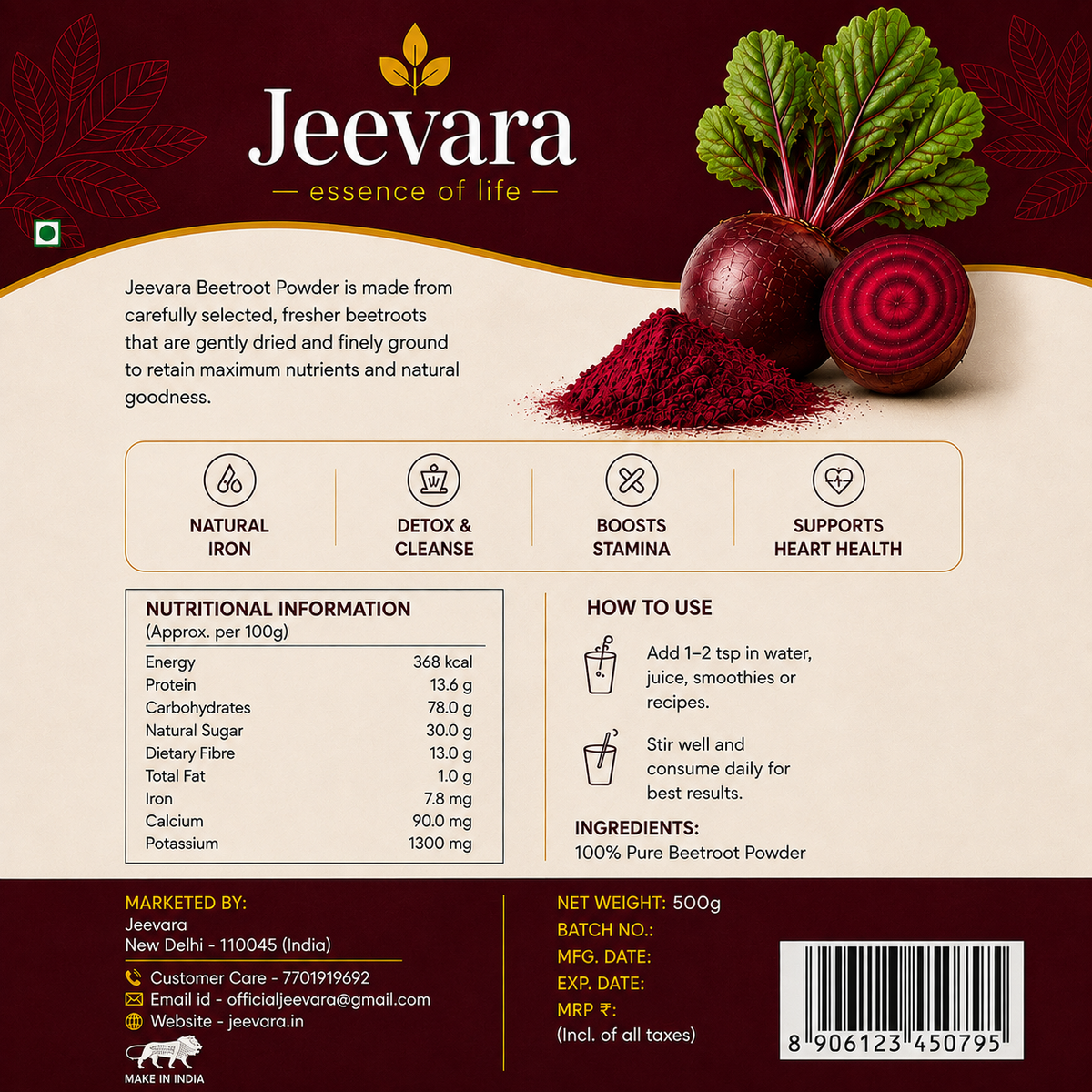 Jeevara Beetroot Powder 500g | Finely Ground Beetroot | Pack of 2 / Pack of 3