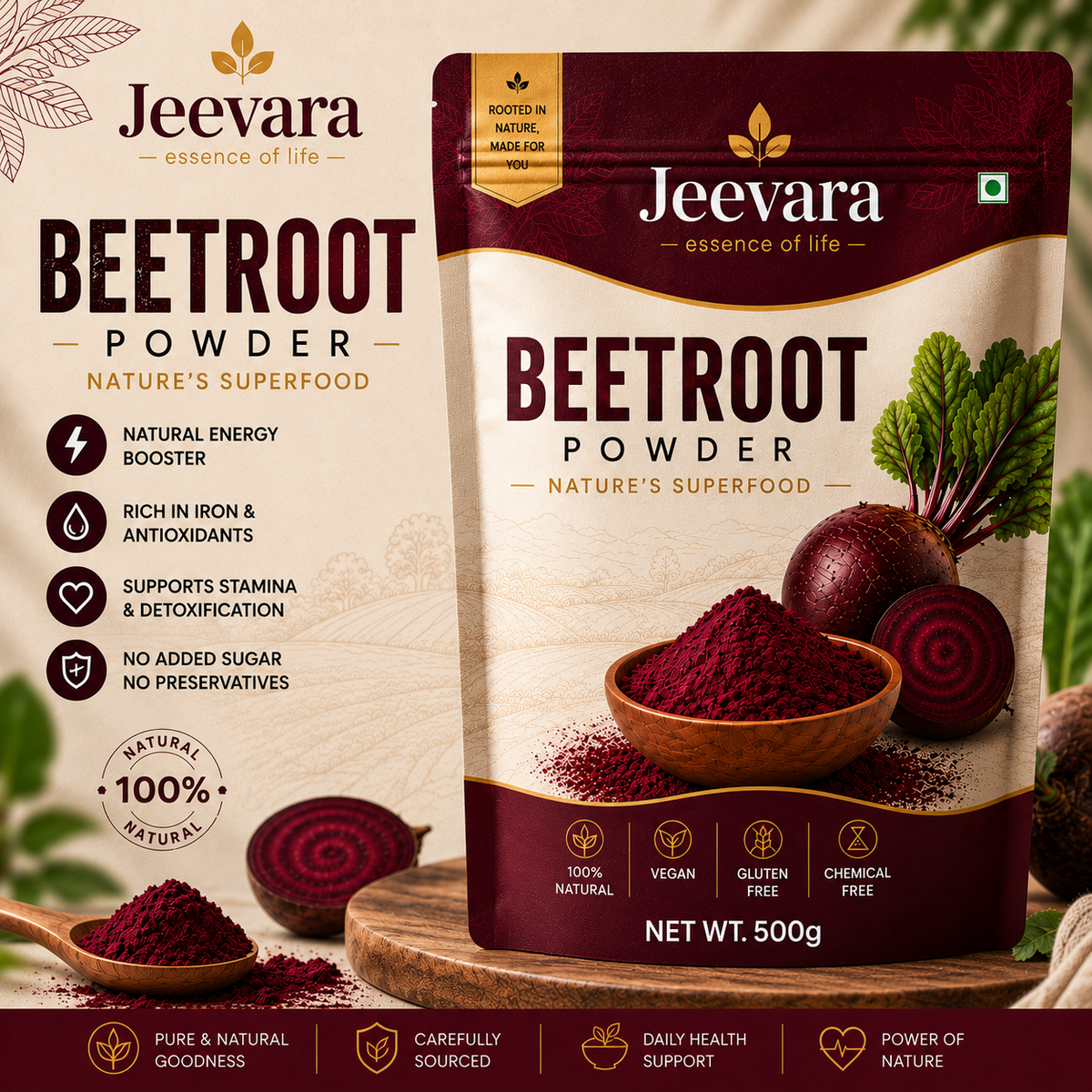 Jeevara Beetroot Powder 500g | Finely Ground Beetroot | Pack of 2 / Pack of 3