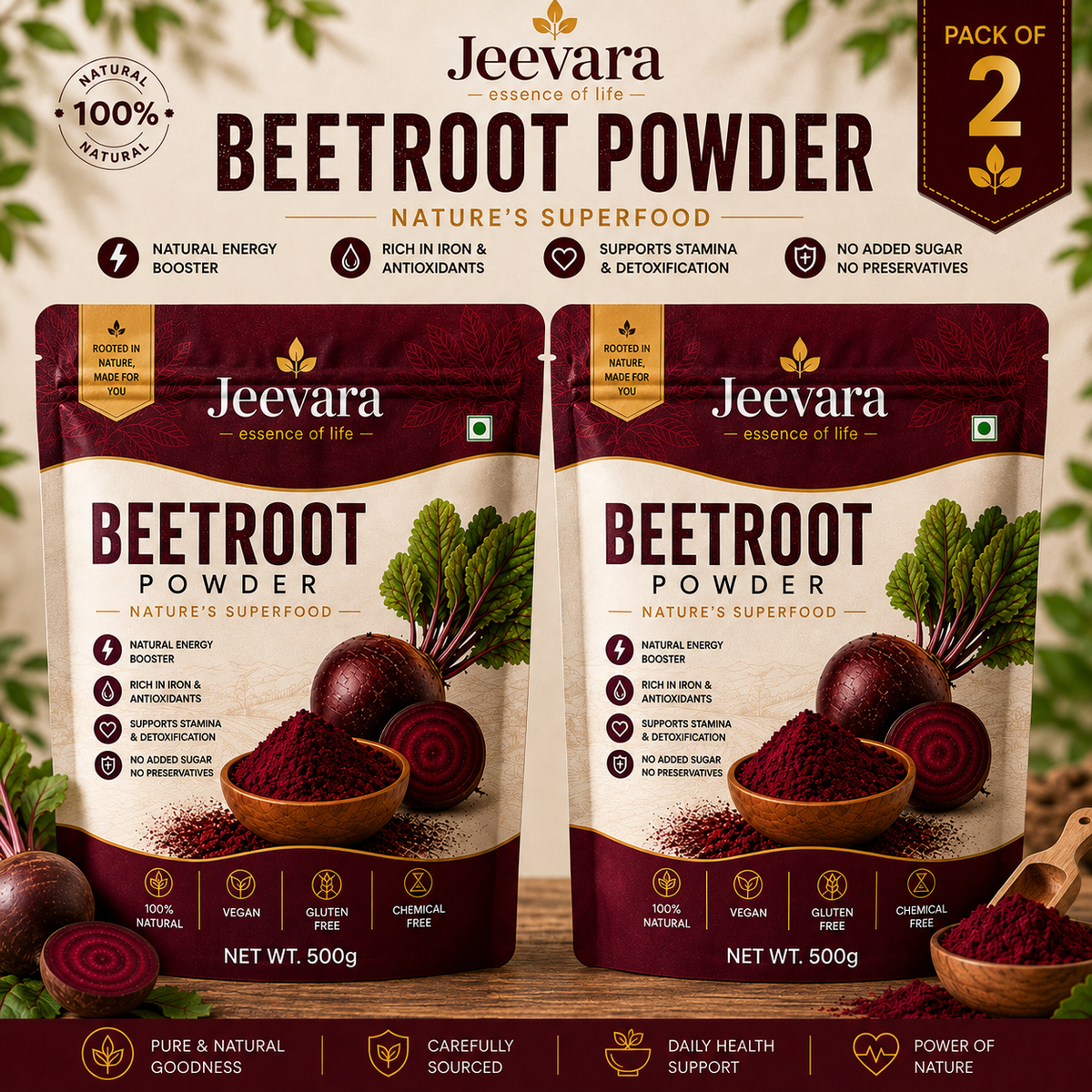 Jeevara Beetroot Powder 500g | Finely Ground Beetroot | Pack of 2 / Pack of 3