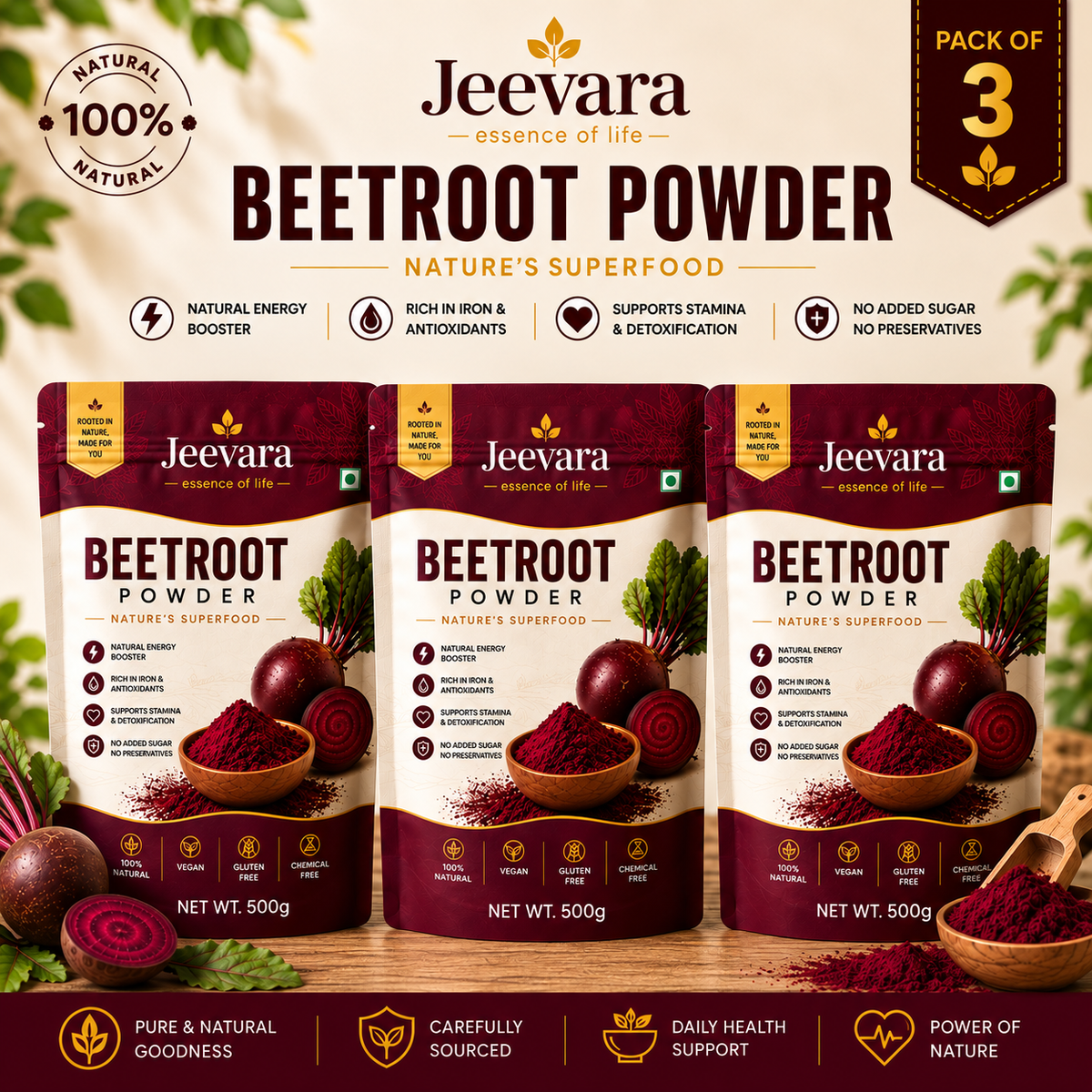 Jeevara Beetroot Powder 500g | Finely Ground Beetroot | Pack of 2 / Pack of 3